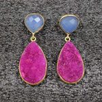 Blue Chalcedony With Pink  Druzy Gold Plated Earning