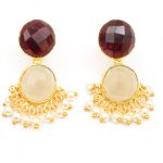 Red Garnet Gray Chalcedony With Pearl Beads Gold Plated Stud Earring Set