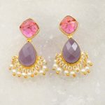 Hot Pink Amethyst Quartz With Pearl Beads Gold Plated Stud Earring Set