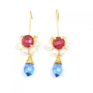 Beautiful Ruby Quartz With Pearl Beads Gold Plated Fashion Earring Set