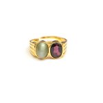 Cat Eye's & Garnet Gemstone Adjustable Ring Gold Plated