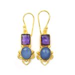 Handmade Blue Chalcedony And Amethyst Quartz 18K Gold Plated Hoop Earring