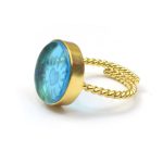 Handmade Round Shape Light Blue Quartz Carving Gemstone Gold Plated Adjustable Ring