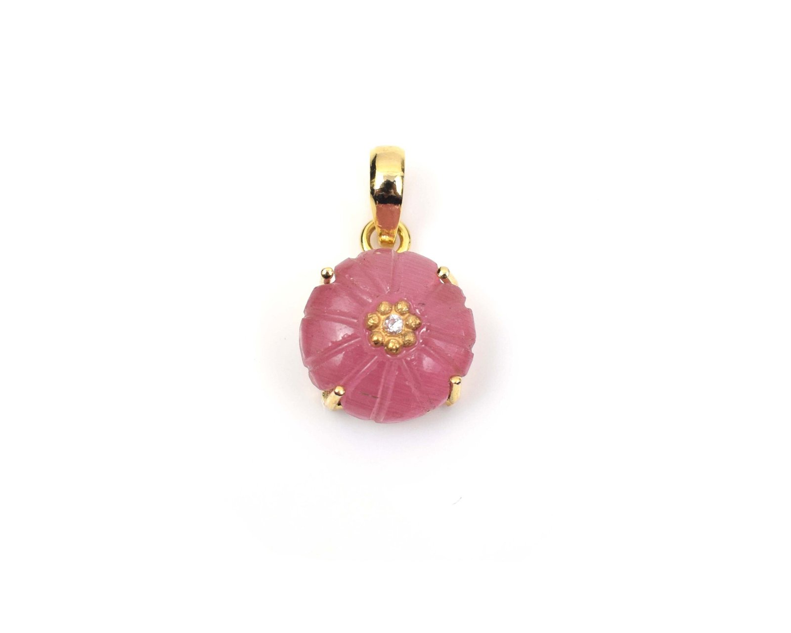 Round Shape Natural Pink Monalisa Carving Gemstone With 18K Gold Plated Pendant