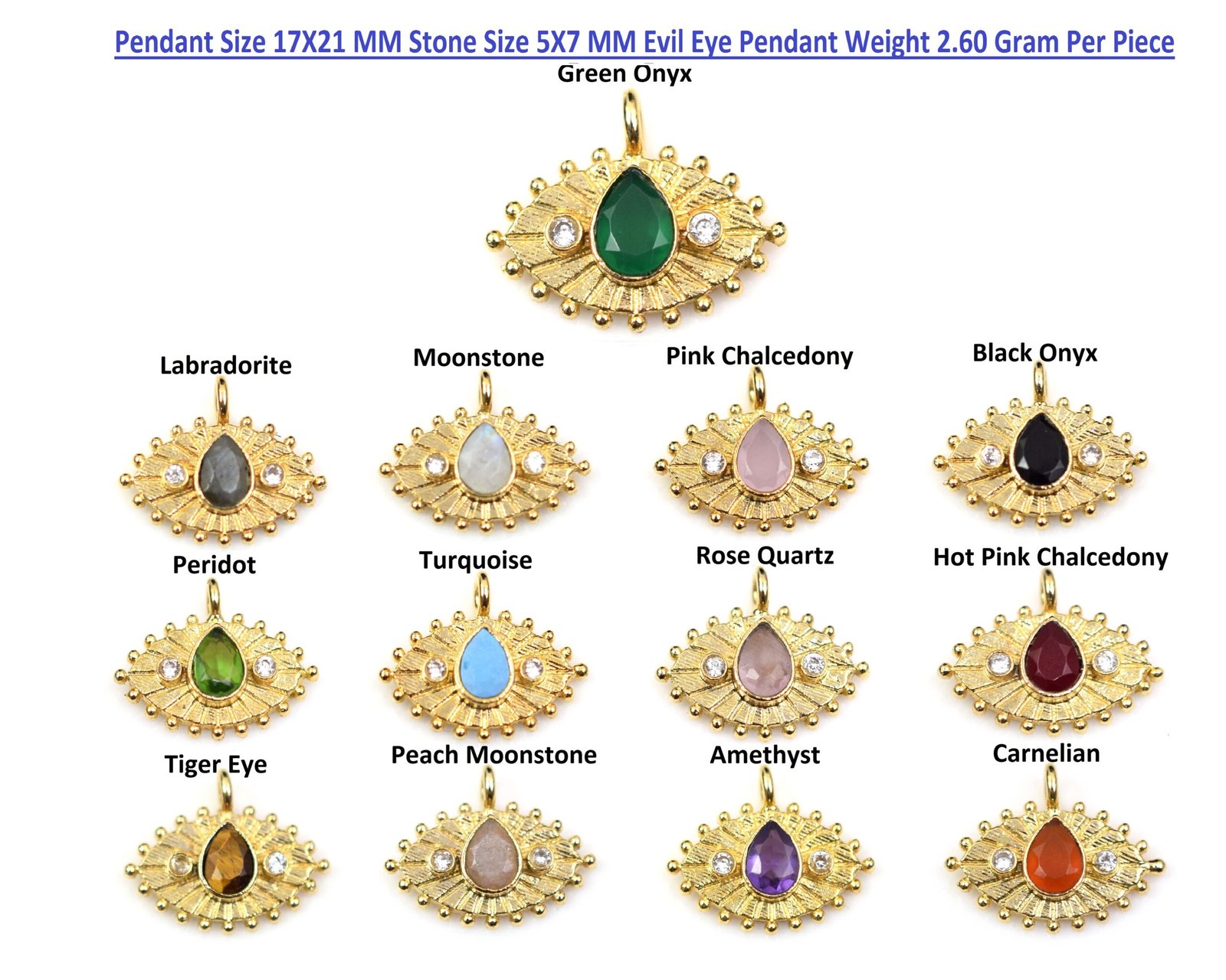 Natural Gemstone And Cubic Zirconia Brass With Gold Plated Evil Eye Pendant