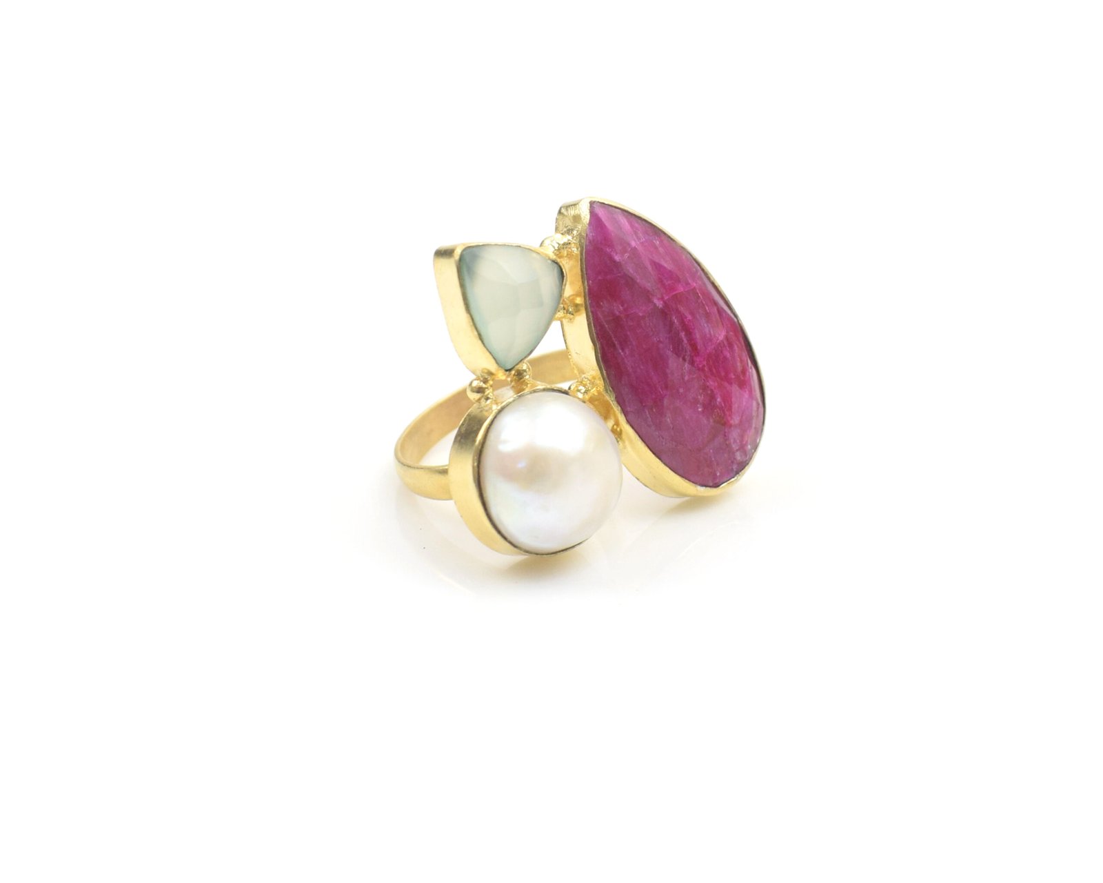 Natural Pearl And Gemstone Brass With 18K Gold Plated Finger Ring