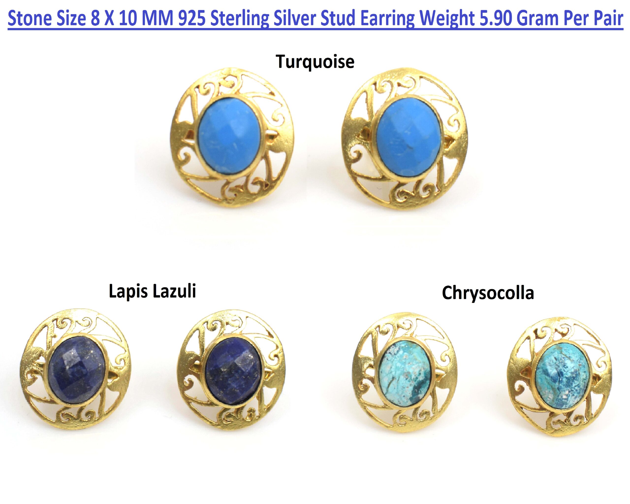 925 Sterling Silver Gold Plated Stud Earring Natural Multi Stones Oval Shape