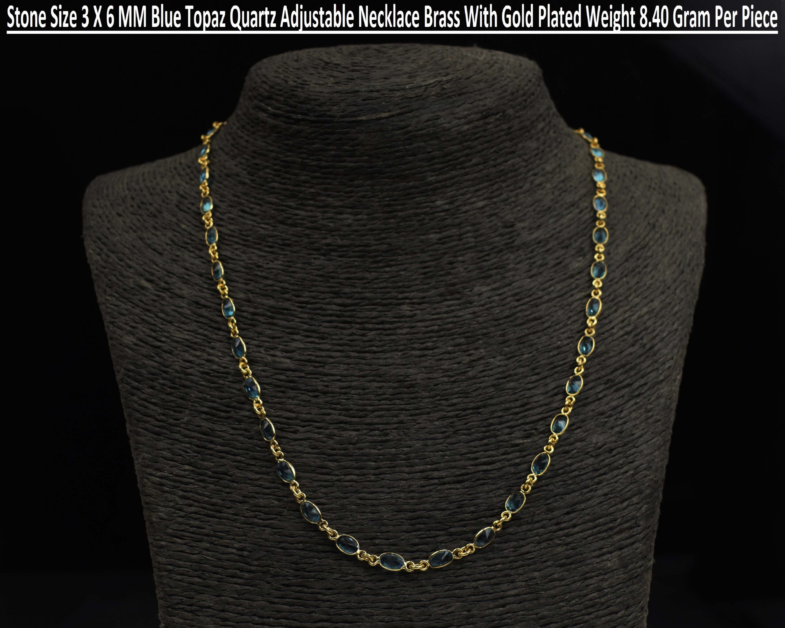 Gemstone Blue Topaz Quartz Adjustable Necklace Brass With 18k Gold Plated