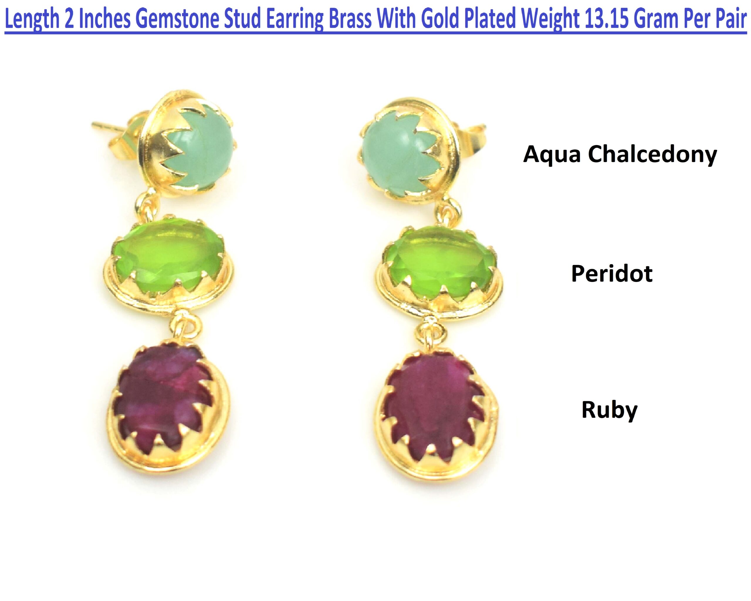 Traditional Look Design Multi Gemstone Stud Earring Brass With Gold Plated