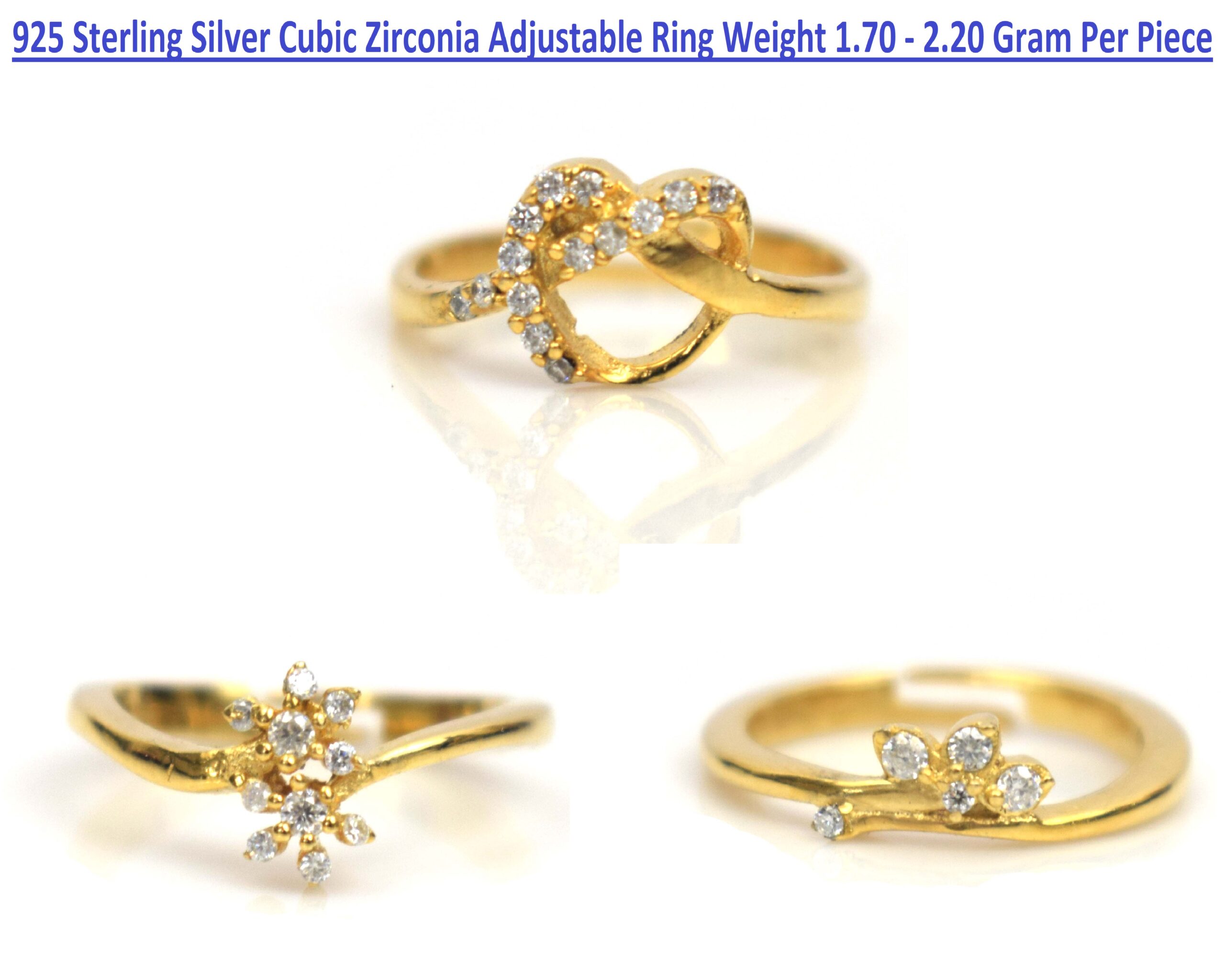Adjustable Ring Cubic Zirconia in 925 Sterling Silver With Gold Plated Multi Design