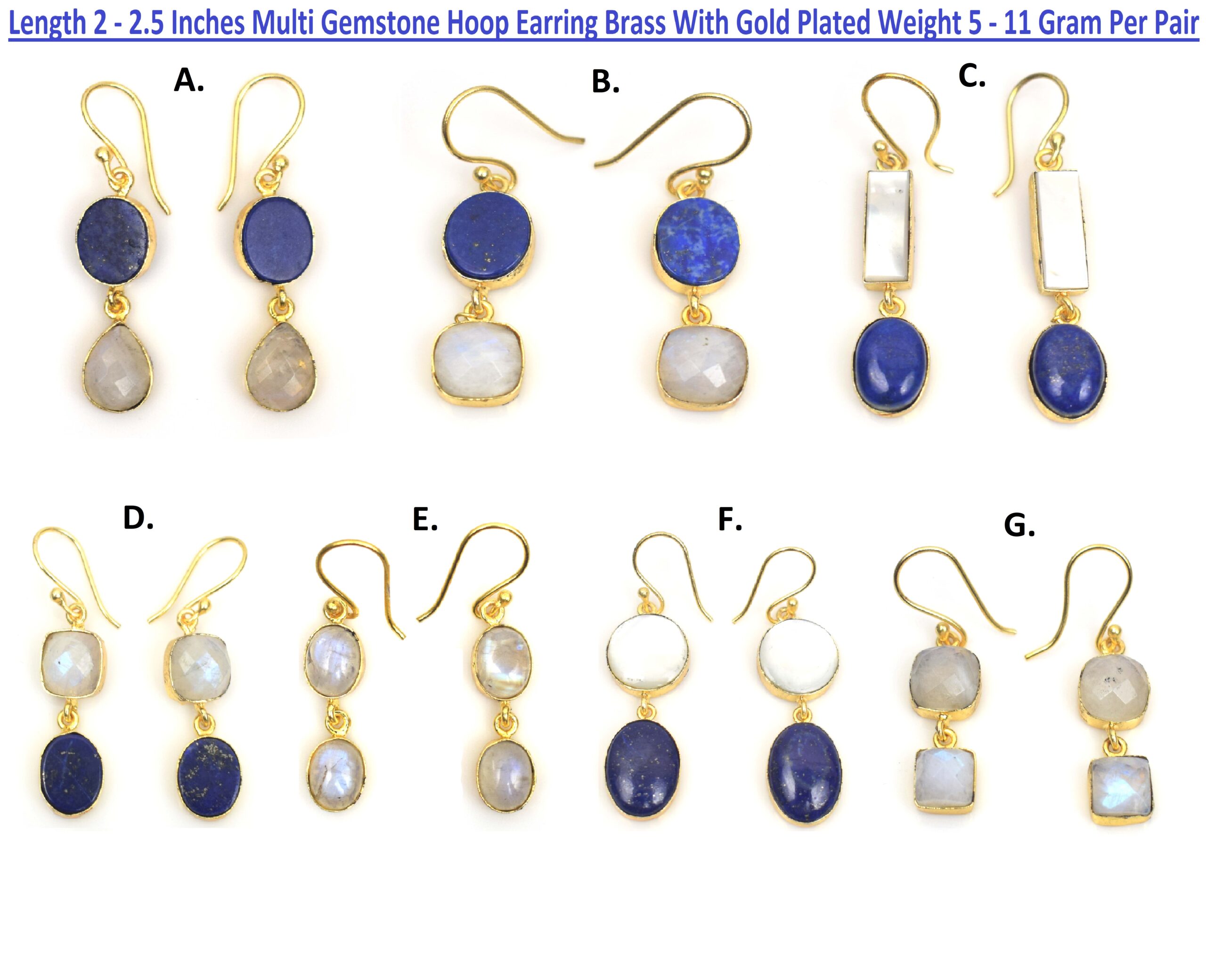 Natural Multi Gemstone Hoop Earring Brass With Gold Plated Mixed Shape