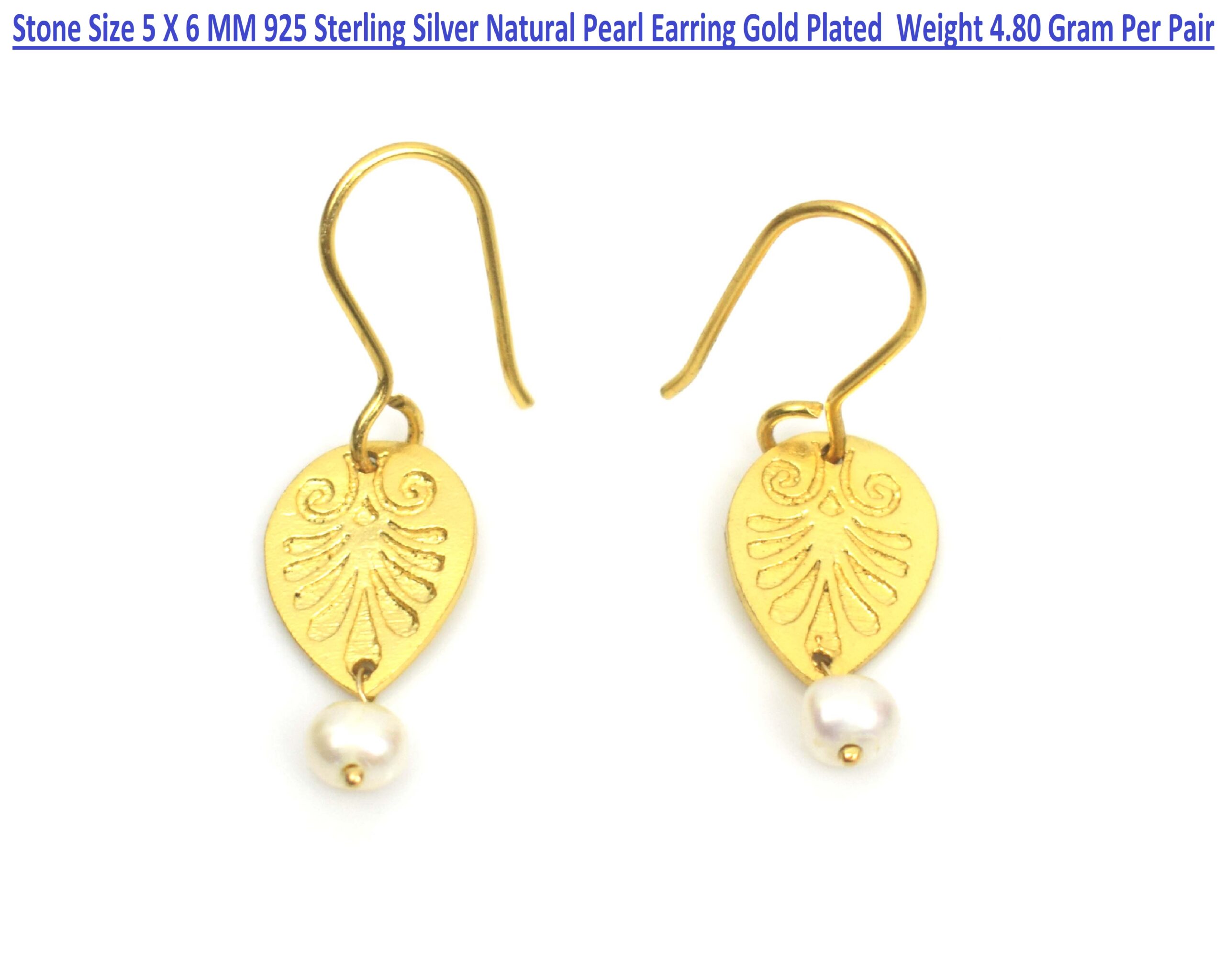 925 Sterling Silver With Gold Plated Natural Pearl Earring Round Shape