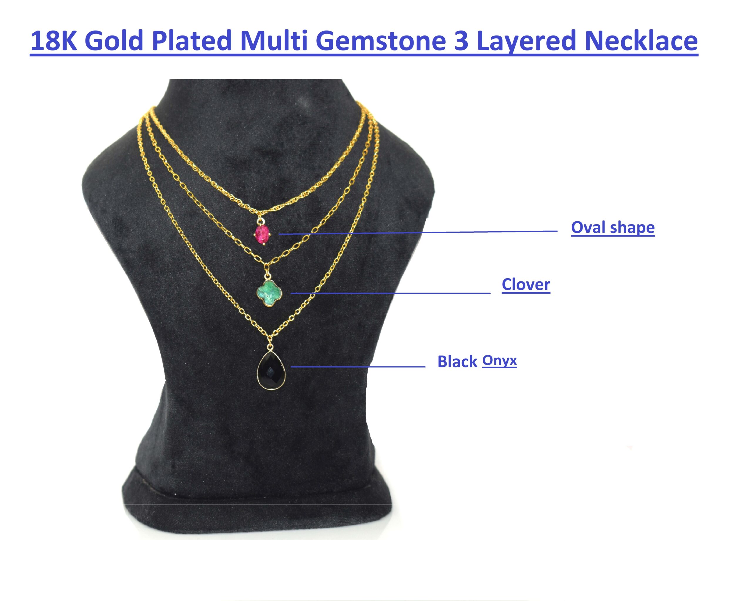 18K Gold Plated Black Onyx  3 Layered Necklace