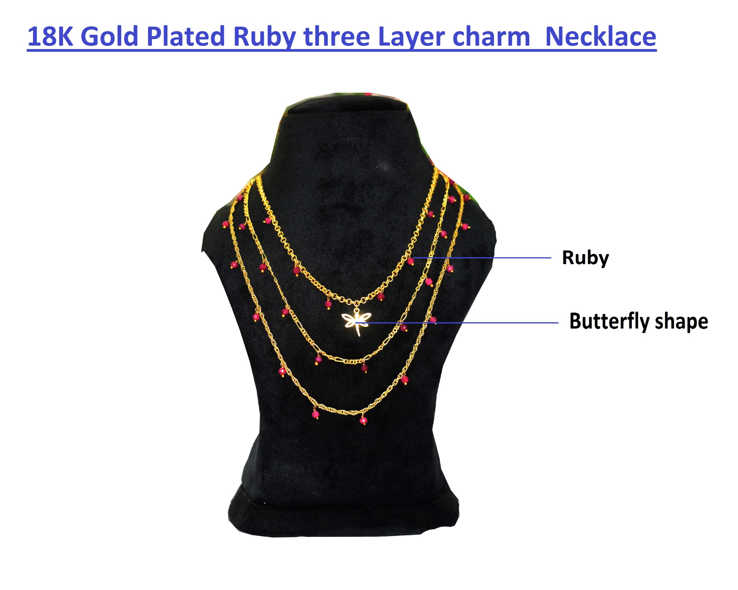 18K Gold Plated Ruby three Layer charm Necklace
