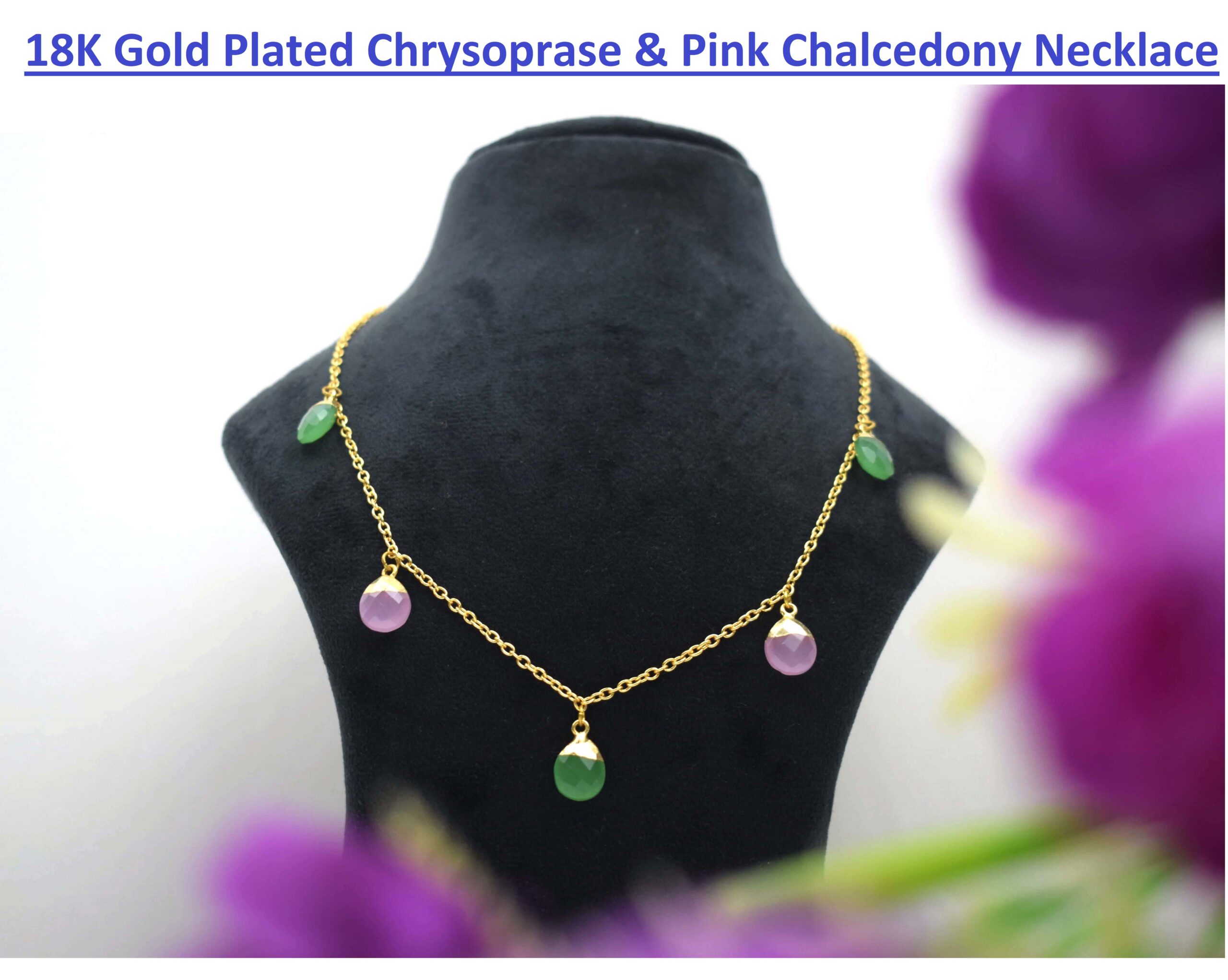 18K Gold Plated Chrysoprase & Pink Chalcedony Necklace