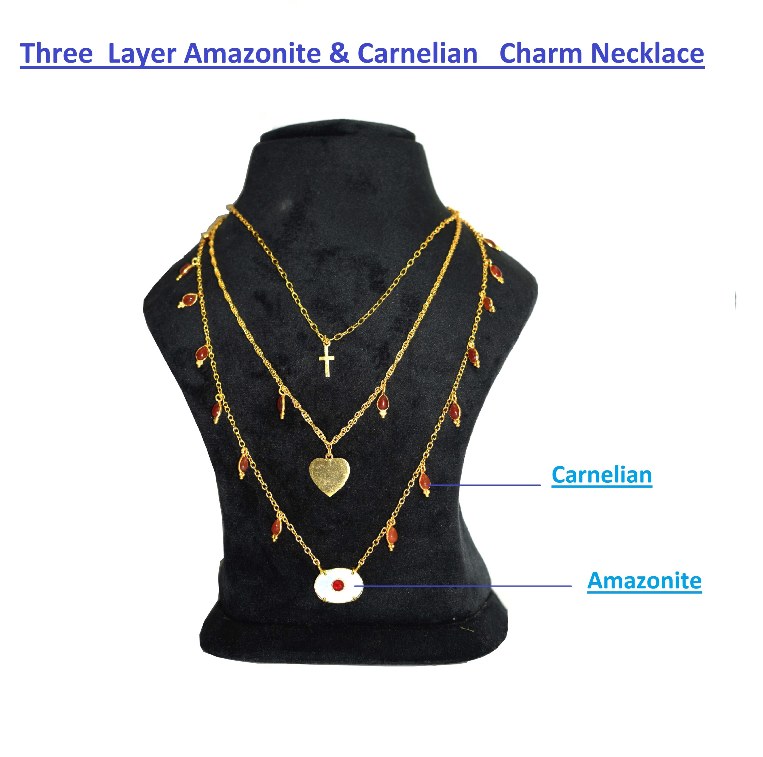 Three Layer Amazonite & Carnelian Charm Necklace