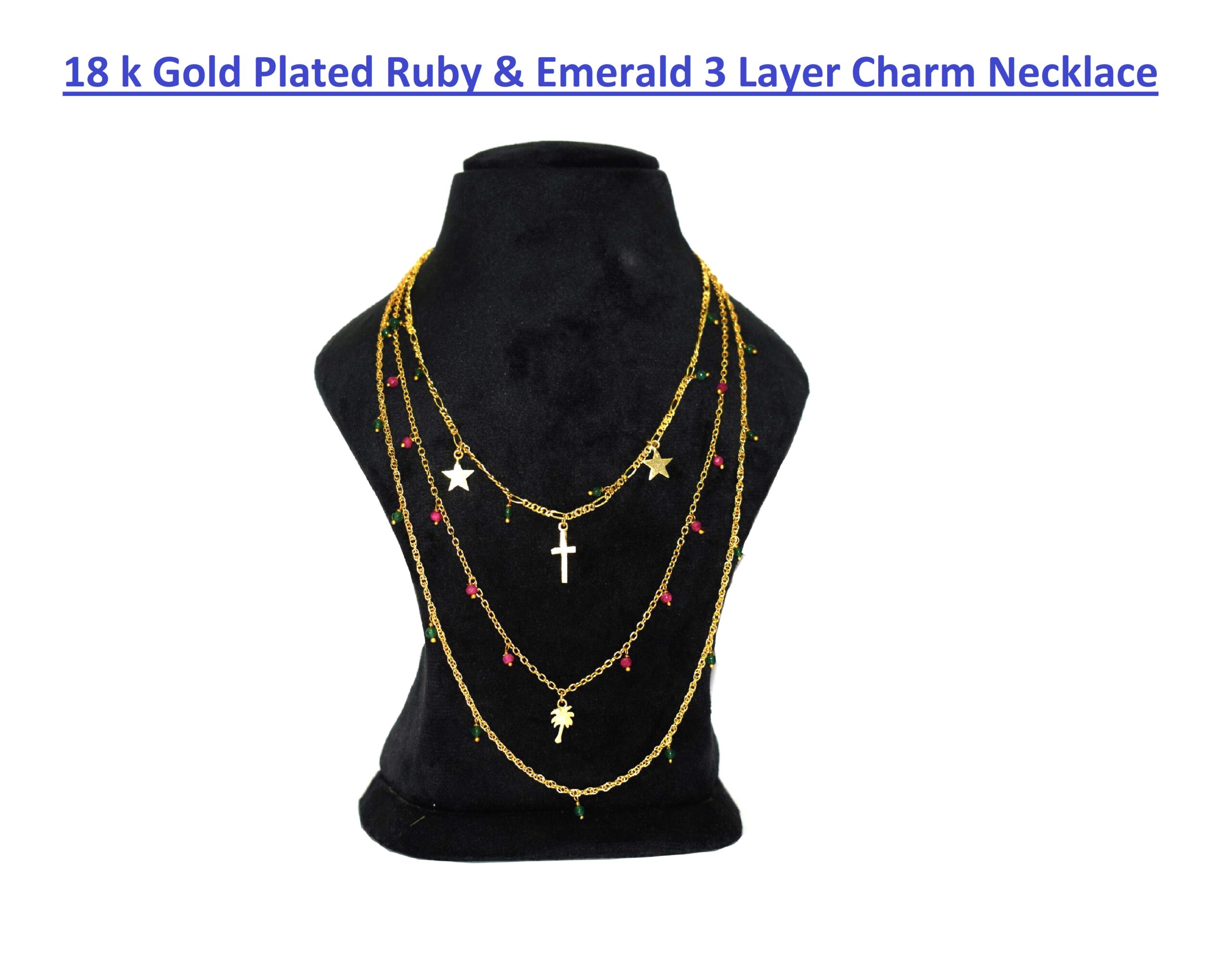 18k gold plated Ruby & Emerald 3 Layer Charm Necklace