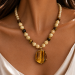 Handcrafted Tiger Eye & Brown Pearl Beaded Necklace for Women