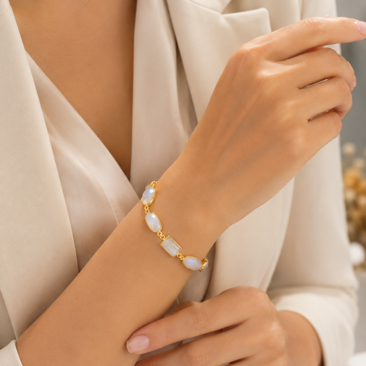 White  Rainbow Moonstone Gold-Plated Bracelet