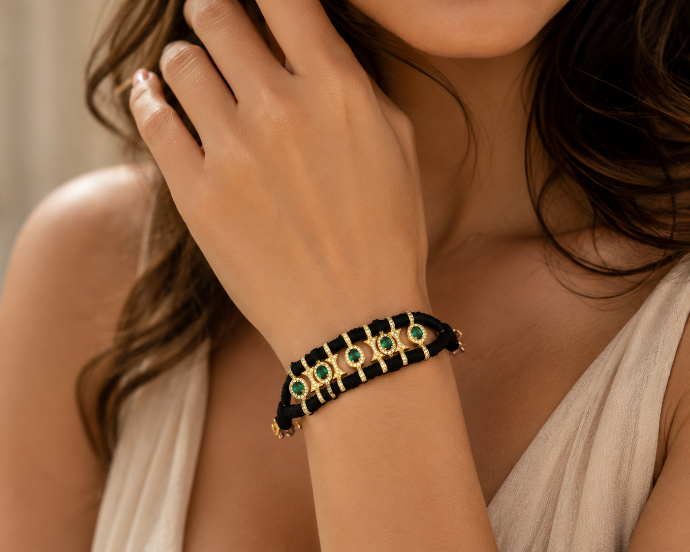 Luxury Green CZ Gold Plated Pave Diamond Black Cord Bracelet