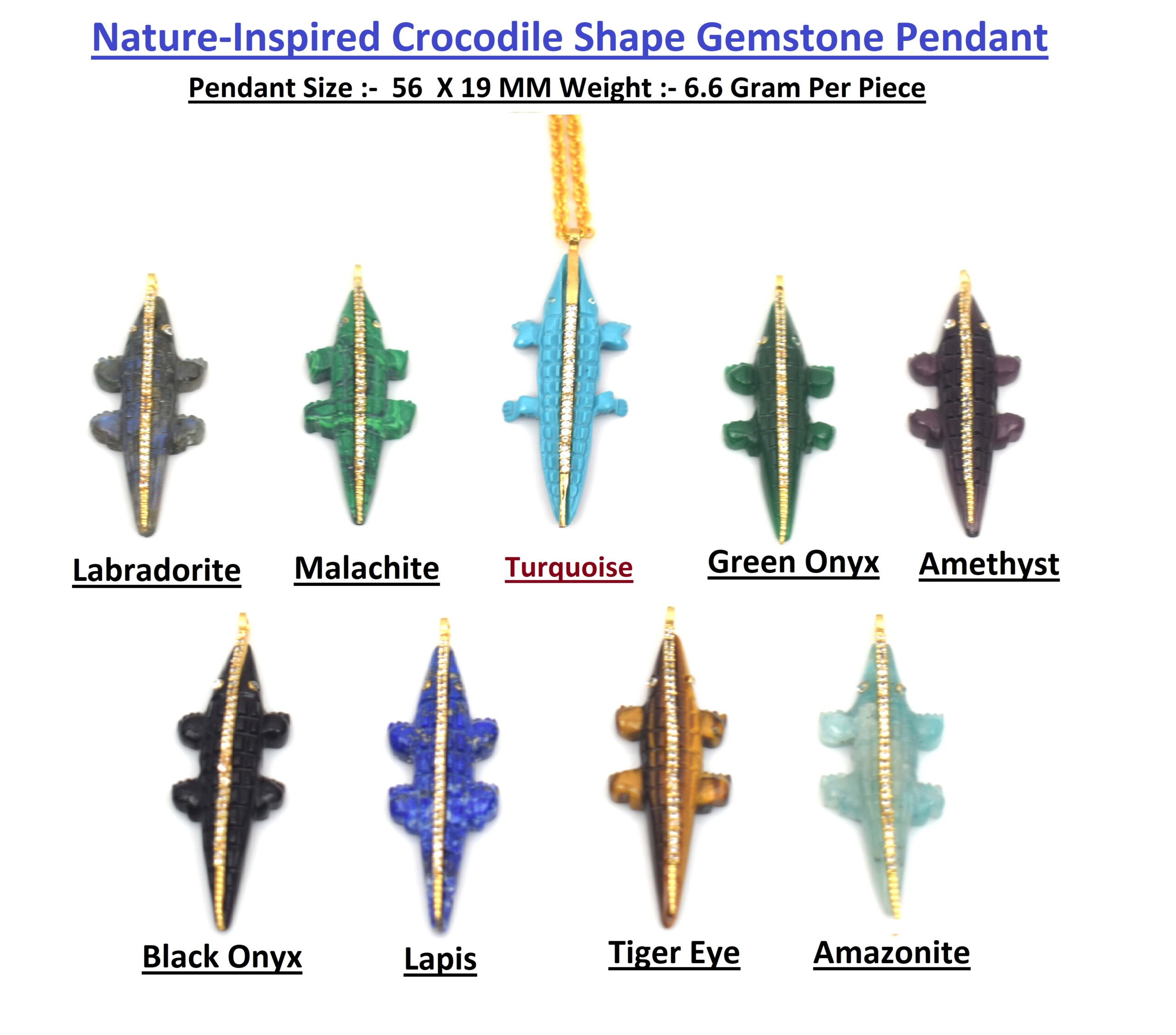 Nature-Inspired Crocodile Shape Gemstone Pendant for Women & Men