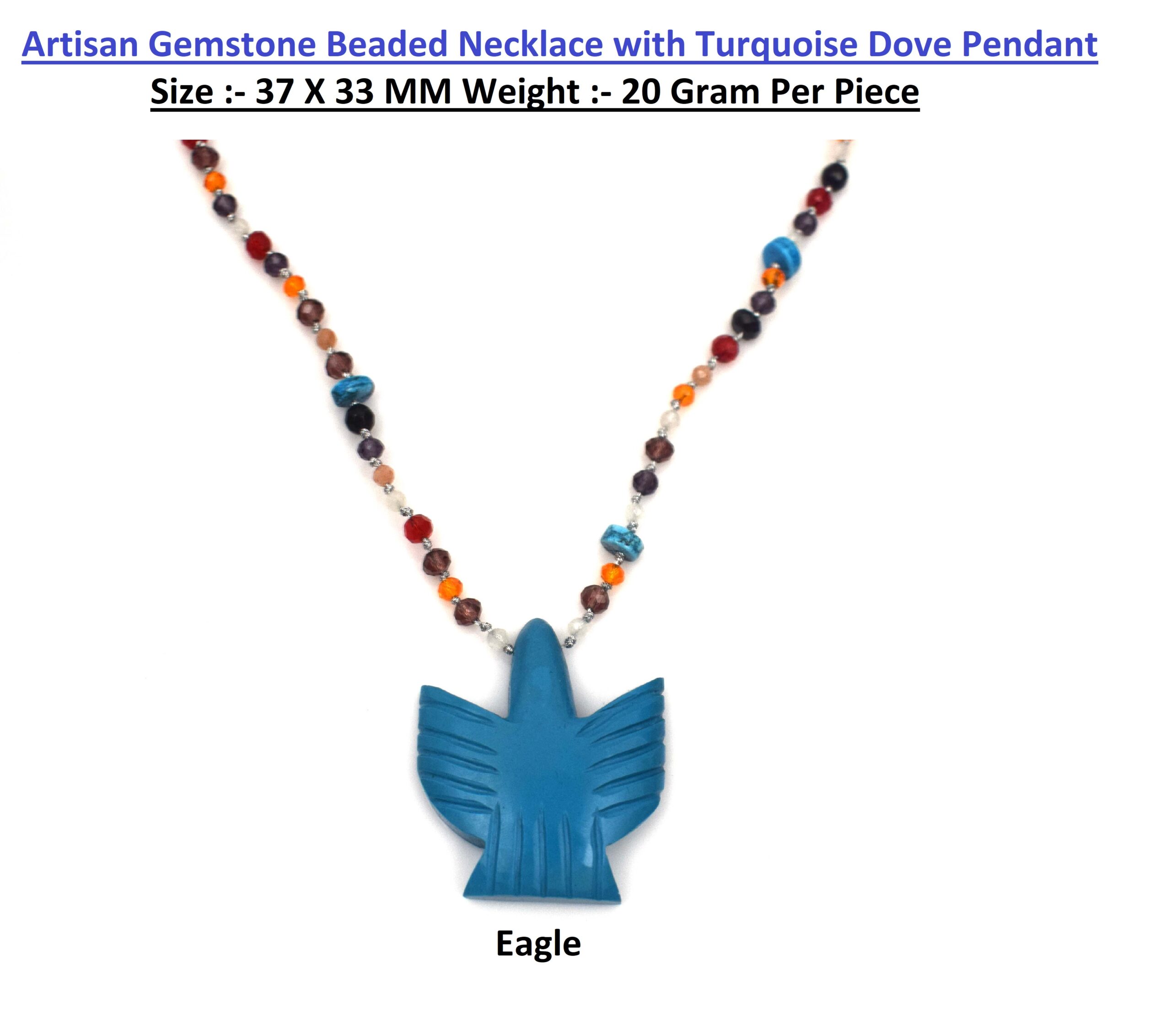 Artisan Gemstone Beaded Necklace with Turquoise Dove Pendant