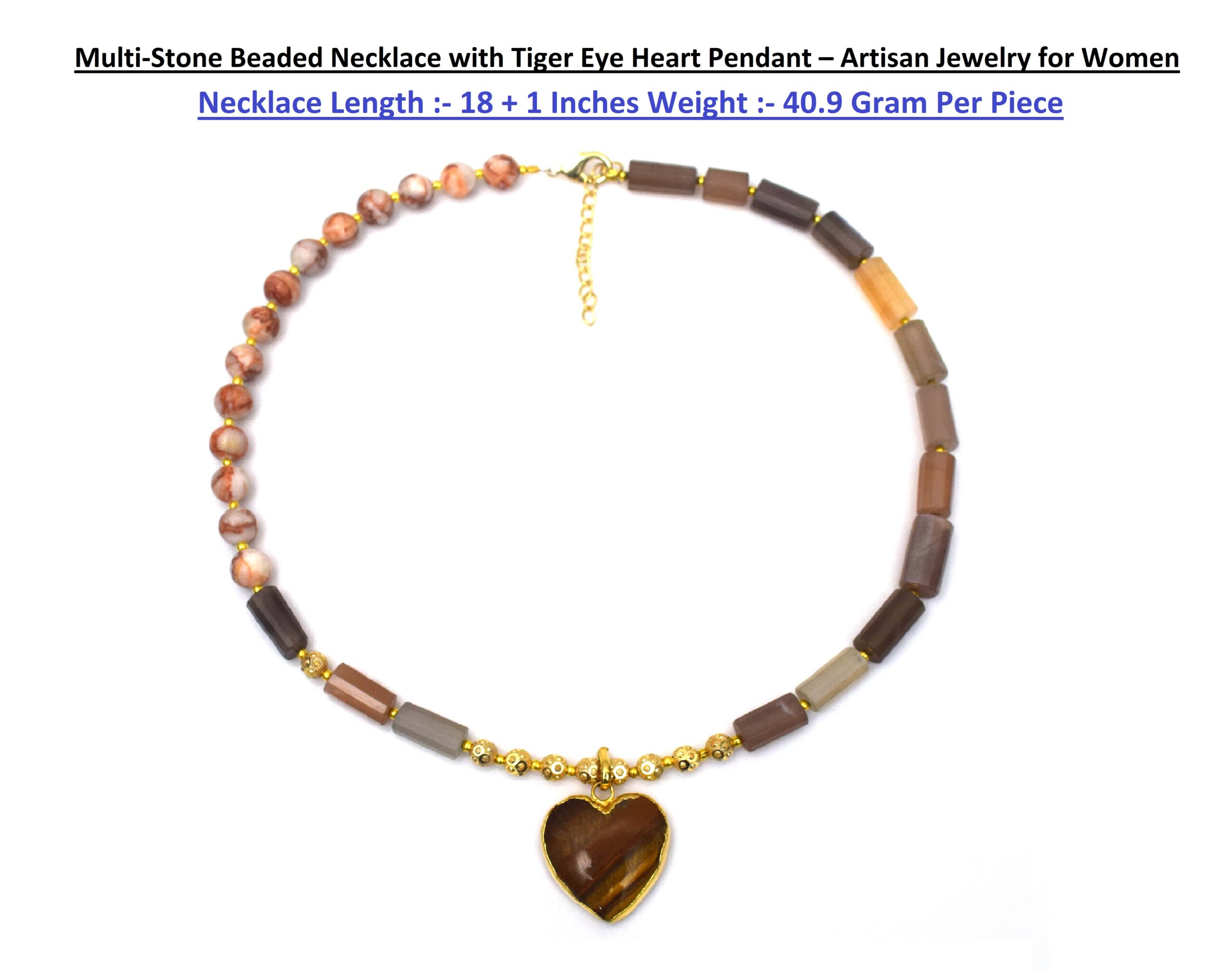 Multi-Moonstone Beaded Necklace with Tiger Eye Heart Pendant – Artisan Jewelry for Women
