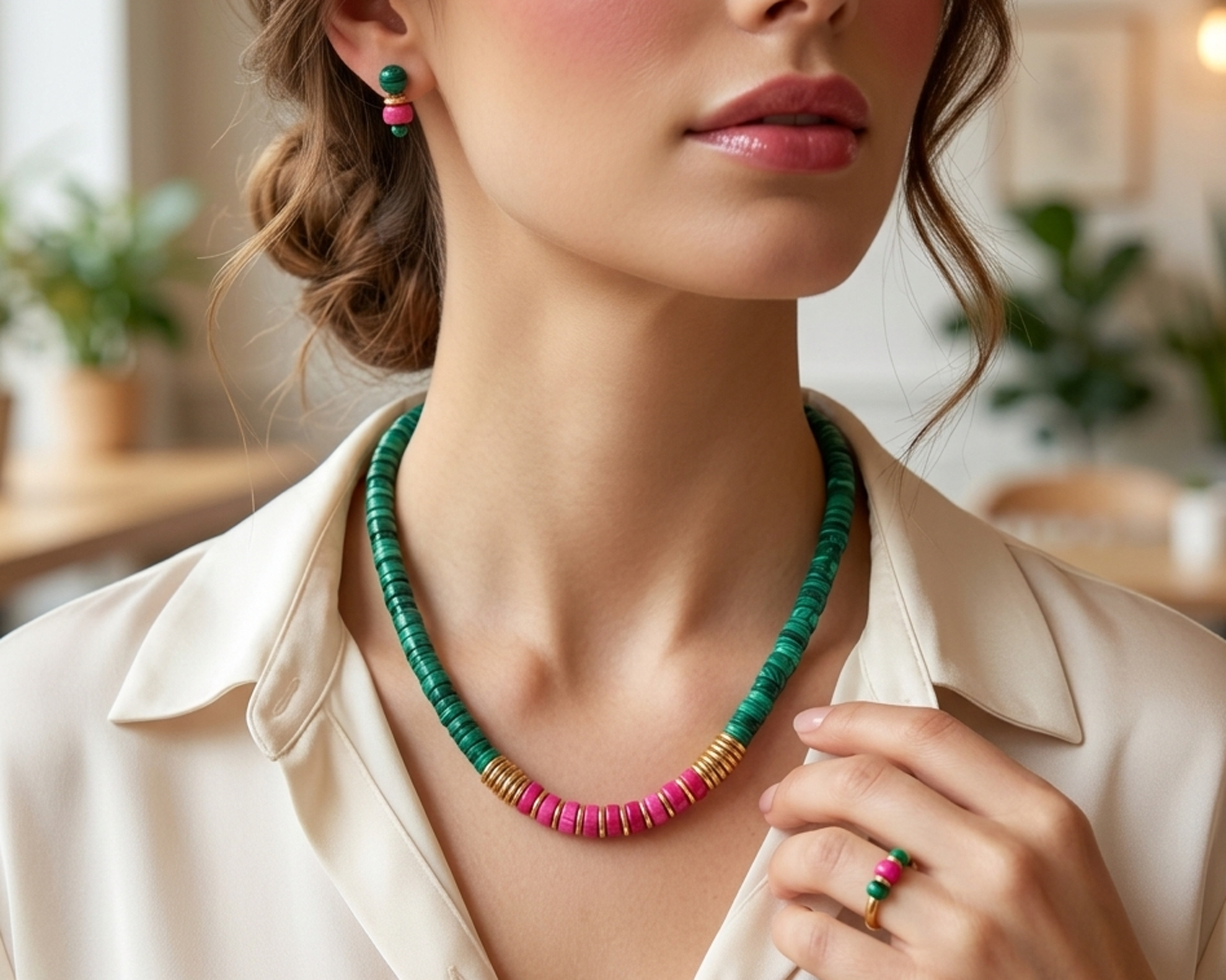 Malachite & Pink Heishi Bead Necklace