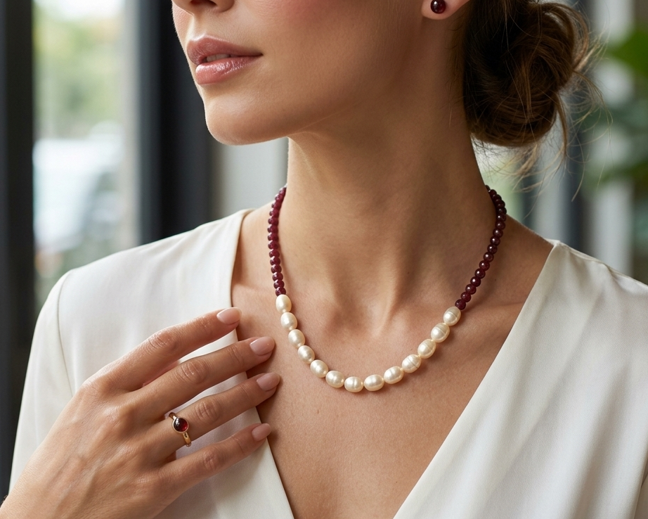 Garnet & Freshwater Pearl Beaded Necklace
