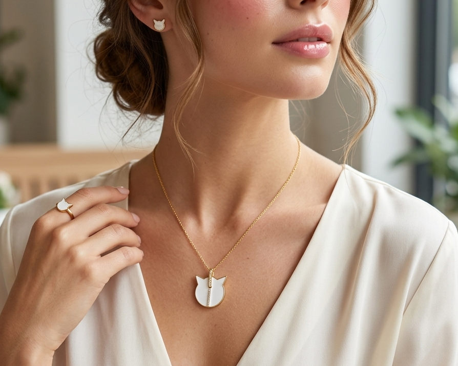 White Enamel Cat Pendant Necklace – Gold Tone Chain