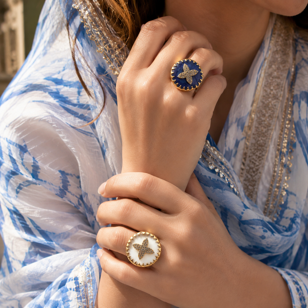 18K Gold Plated Lapis Lazuli & White Agate  Adjustable Statement Ring | CZ Floral Designer Jewelry
