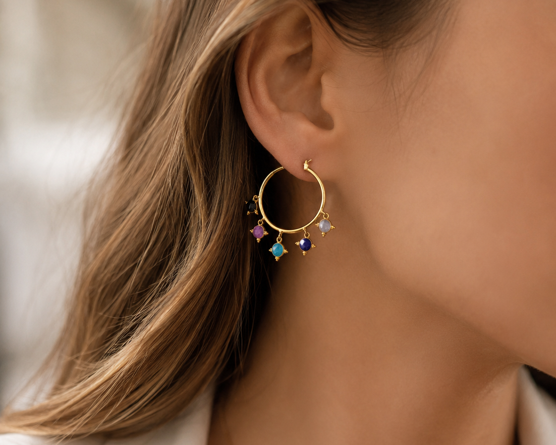 18K Gold Plated Multi Gemstone Charm Hoop Earrings with Evil-Eye Stone Shape for Women