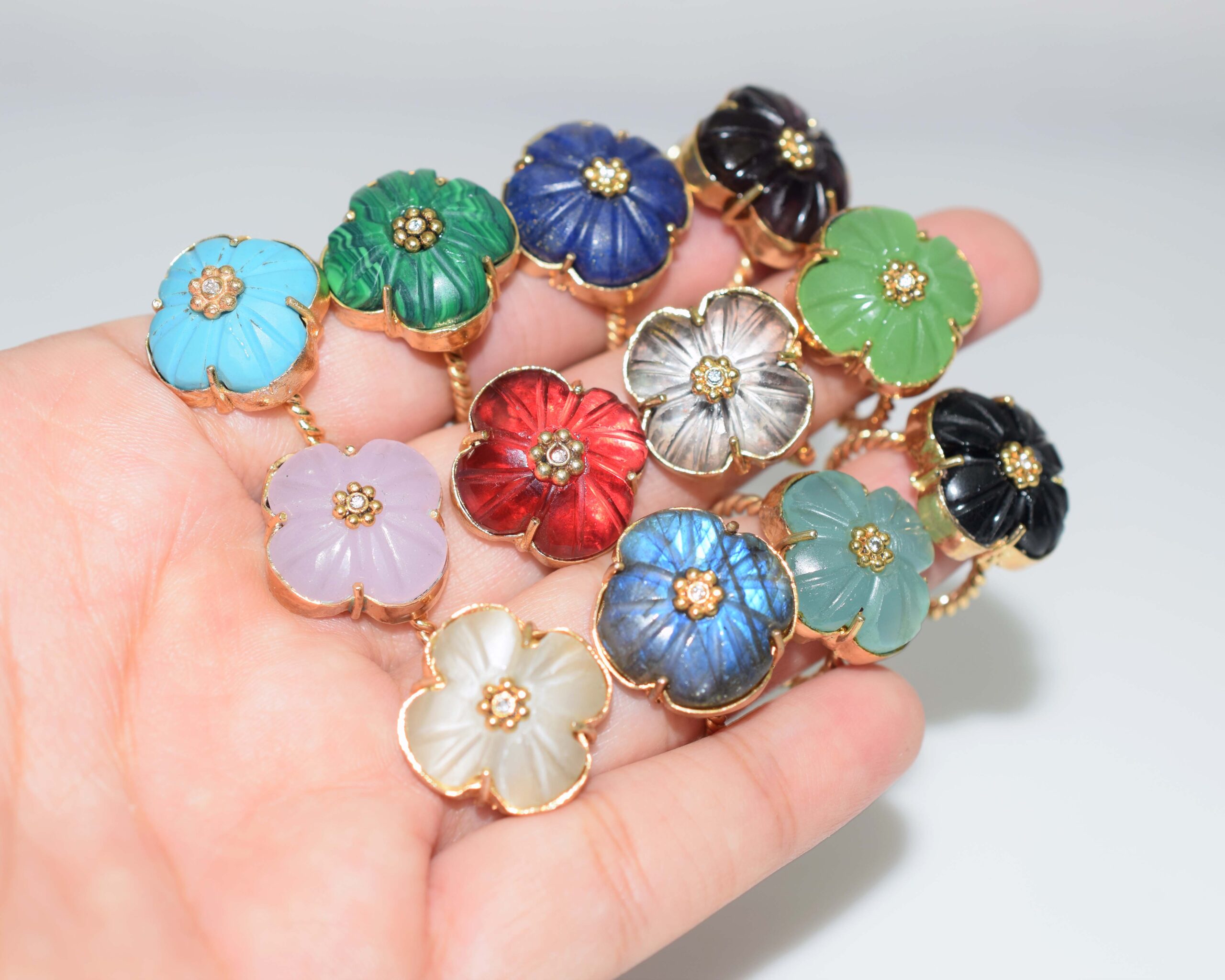 Gold Plated Carved Flower Gemstone Statement Ring Collection
