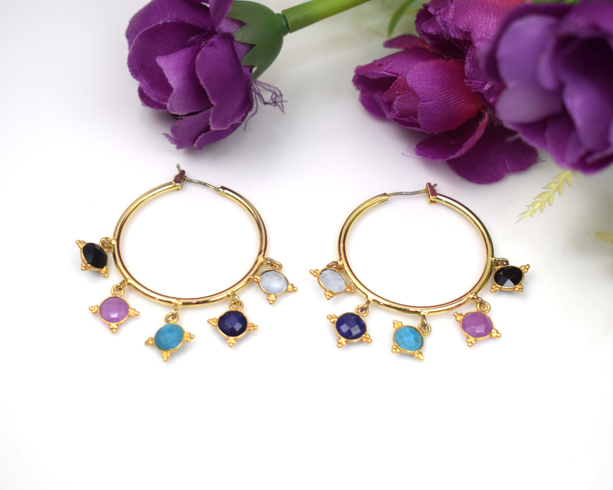 Women 18K Gold Plated Round Gemstone Charm Hoop Earrings for Women