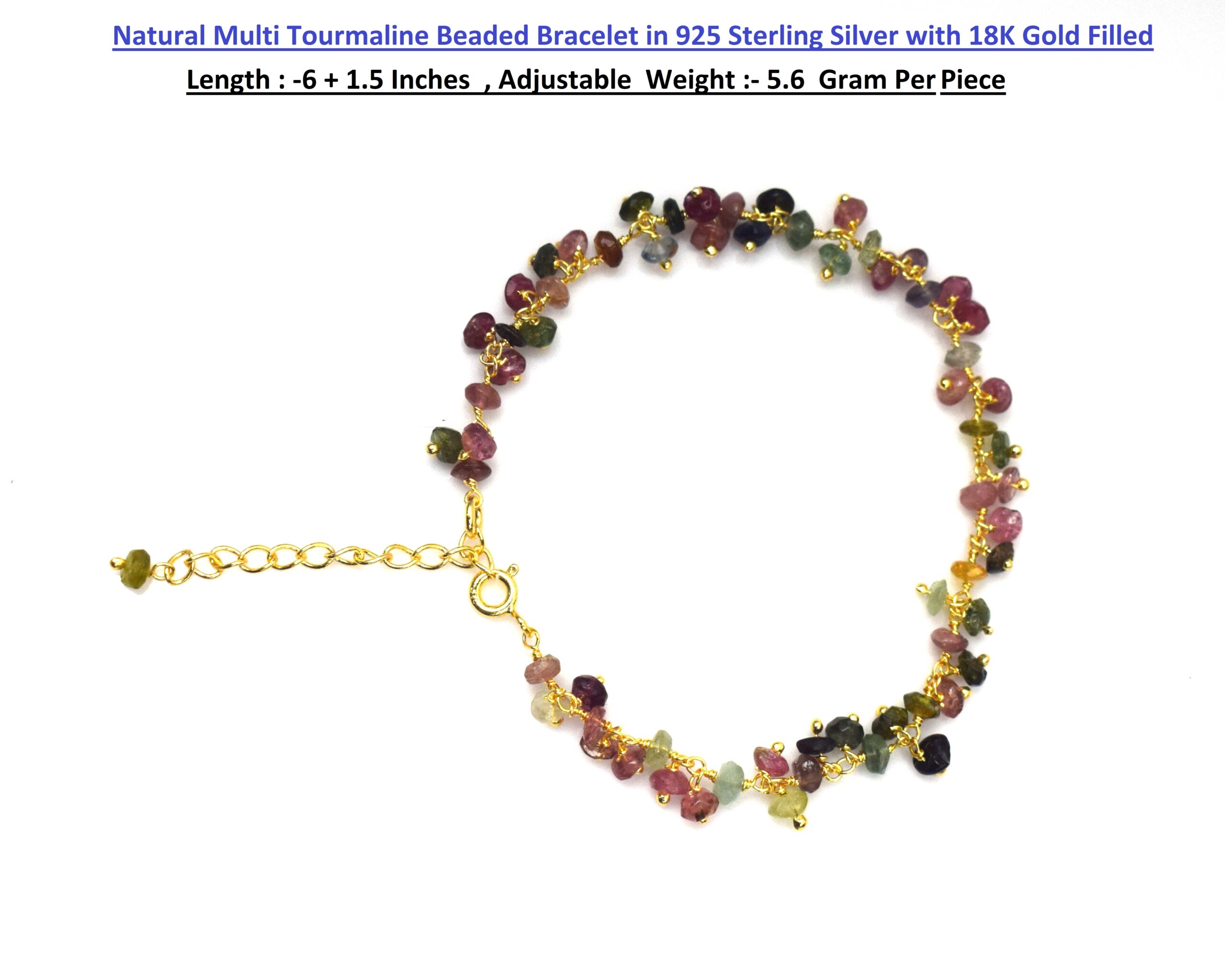 Natural Multi Tourmaline Beaded Bracelet in 925 Sterling Silver with 18K Gold Filled