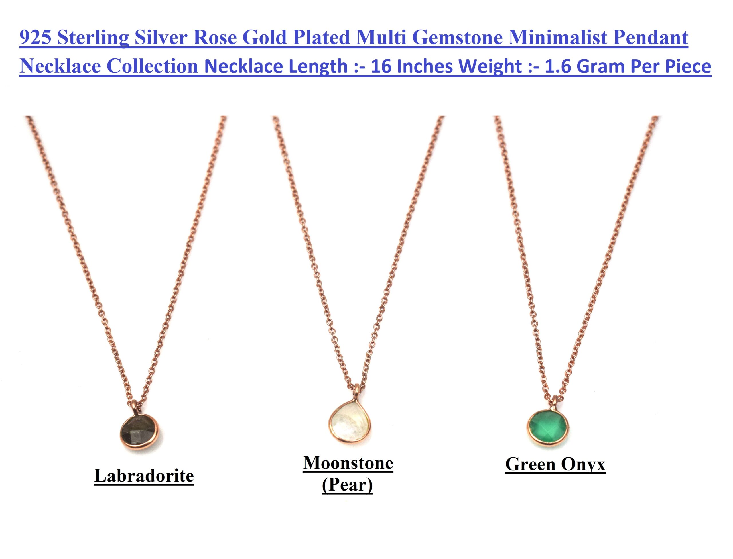 925 Sterling Silver Rose Gold Plated Multi Gemstone Minimalist Pendant Necklace Collection