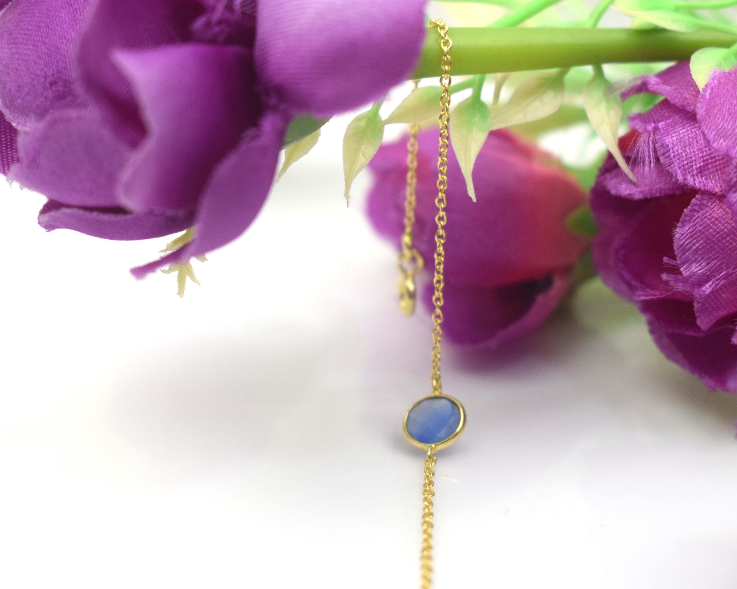 925 Sterling Silver Gold Plated Natural Blue Chalcedony Bezel Set Bracelet Handmade Minimalist Round Gemstone Chain Bracelet Fine Jewelry for Women