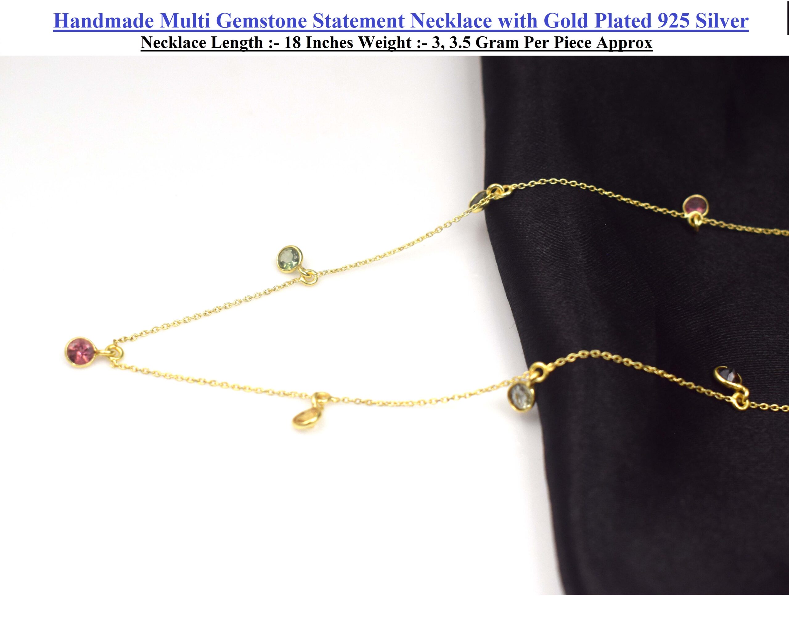 Handcrafted 925 Sterling Silver Gold Plated Natural Tourmaline Bezel Set Necklace for Women