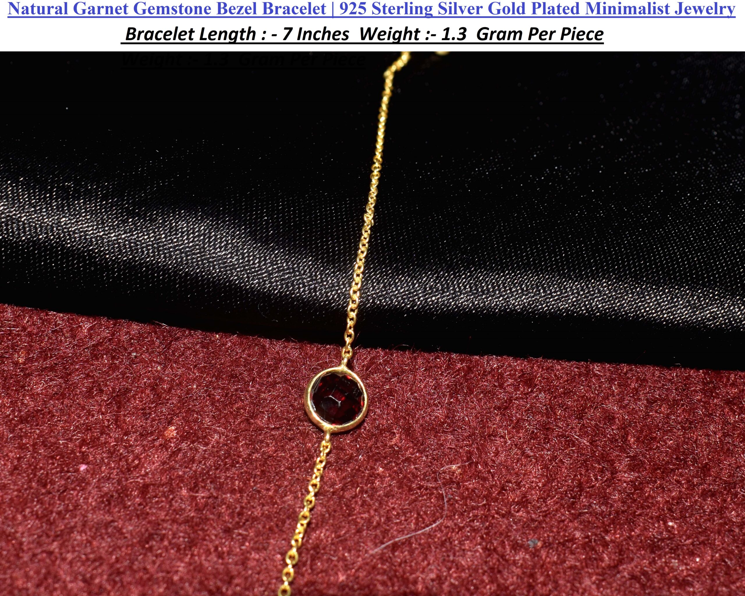 Natural Garnet Gemstone Bezel Bracelet | 925 Sterling Silver Gold Plated Minimalist Jewelry