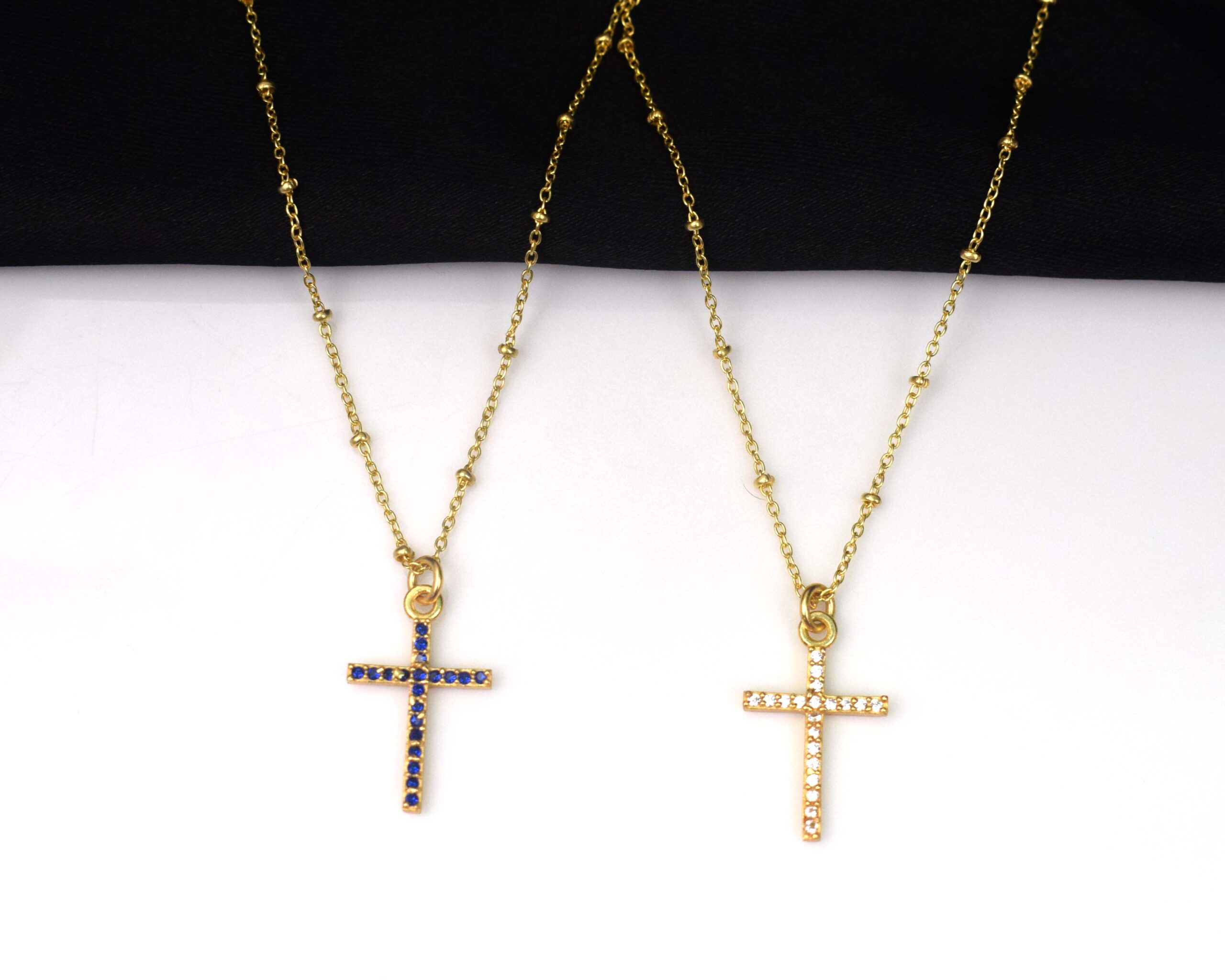 Handcrafted 925 Sterling Silver Gold Plated Blue CZ Cross Pendant Necklace for Women