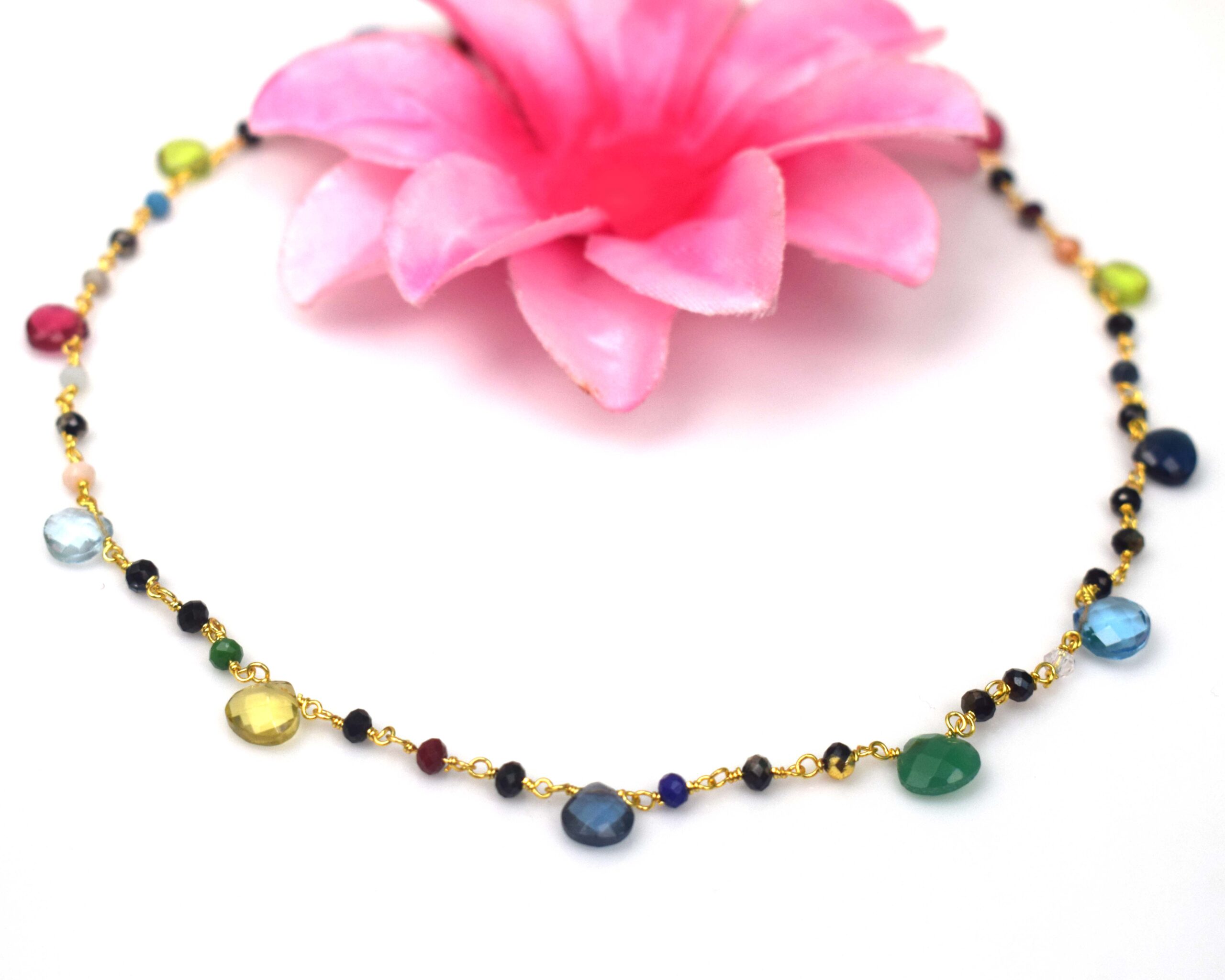 Wholesale Gold Plated Brass Multi Gemstone Station Necklace Handmade Beach Jewelry for Women