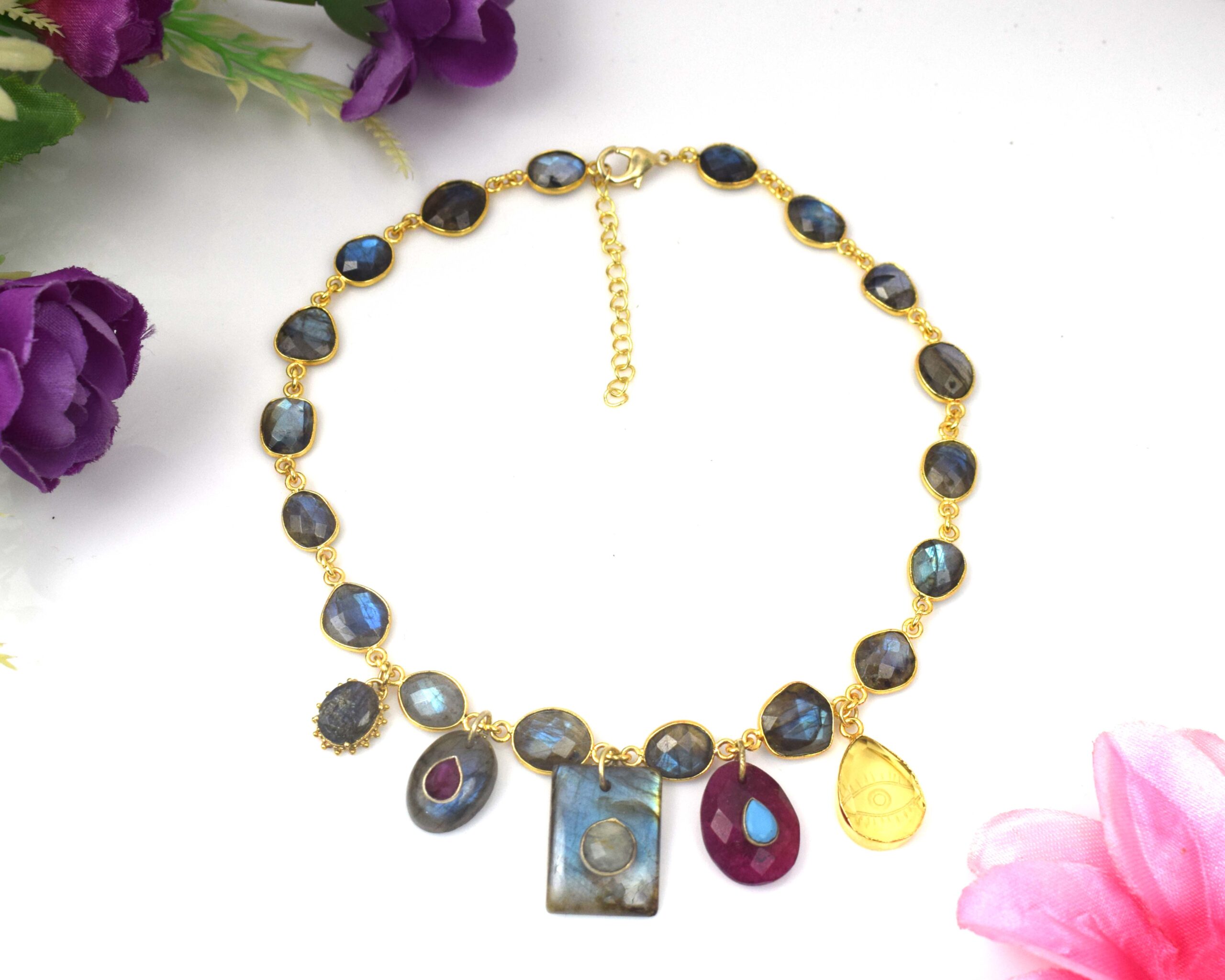 18K Gold Plated Labradorite Statement Necklace with Multi Gemstone Charms | Handmade Designer Boho Collar Necklace for Women