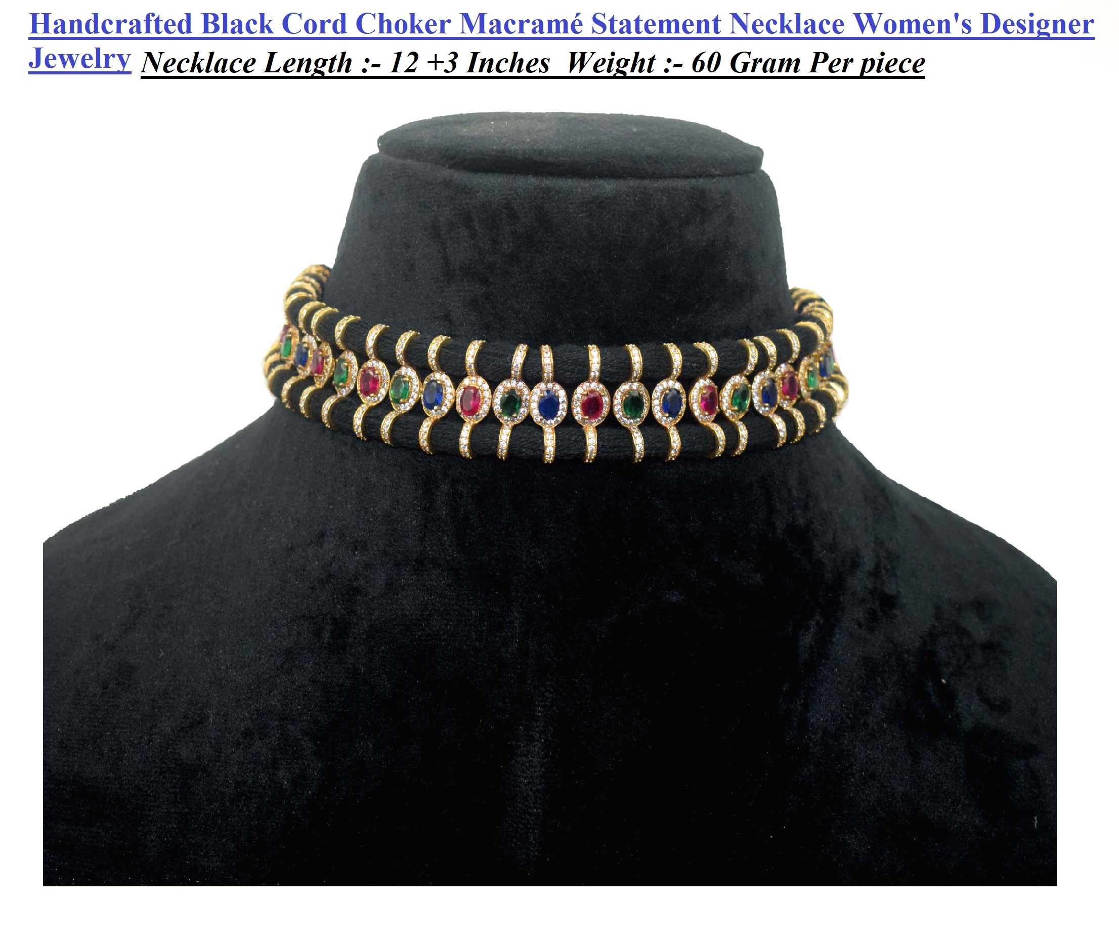 Handcrafted Black Cord Choker Macramé Statement Necklace Women's Designer Jewelry