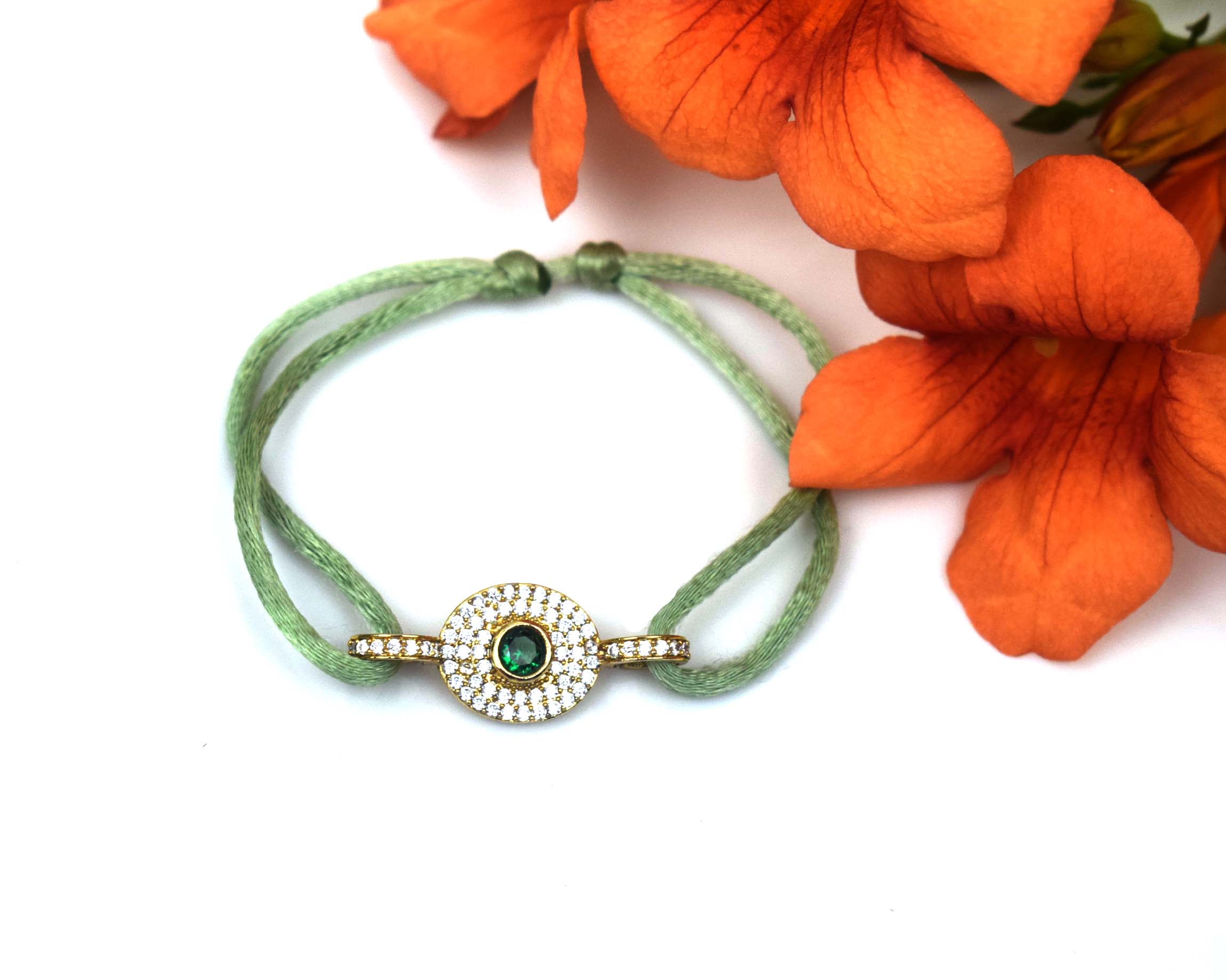 Handcrafted Green thread Bracelet | Adjustable Gold Plated Emerald Charm Bracelet for Women