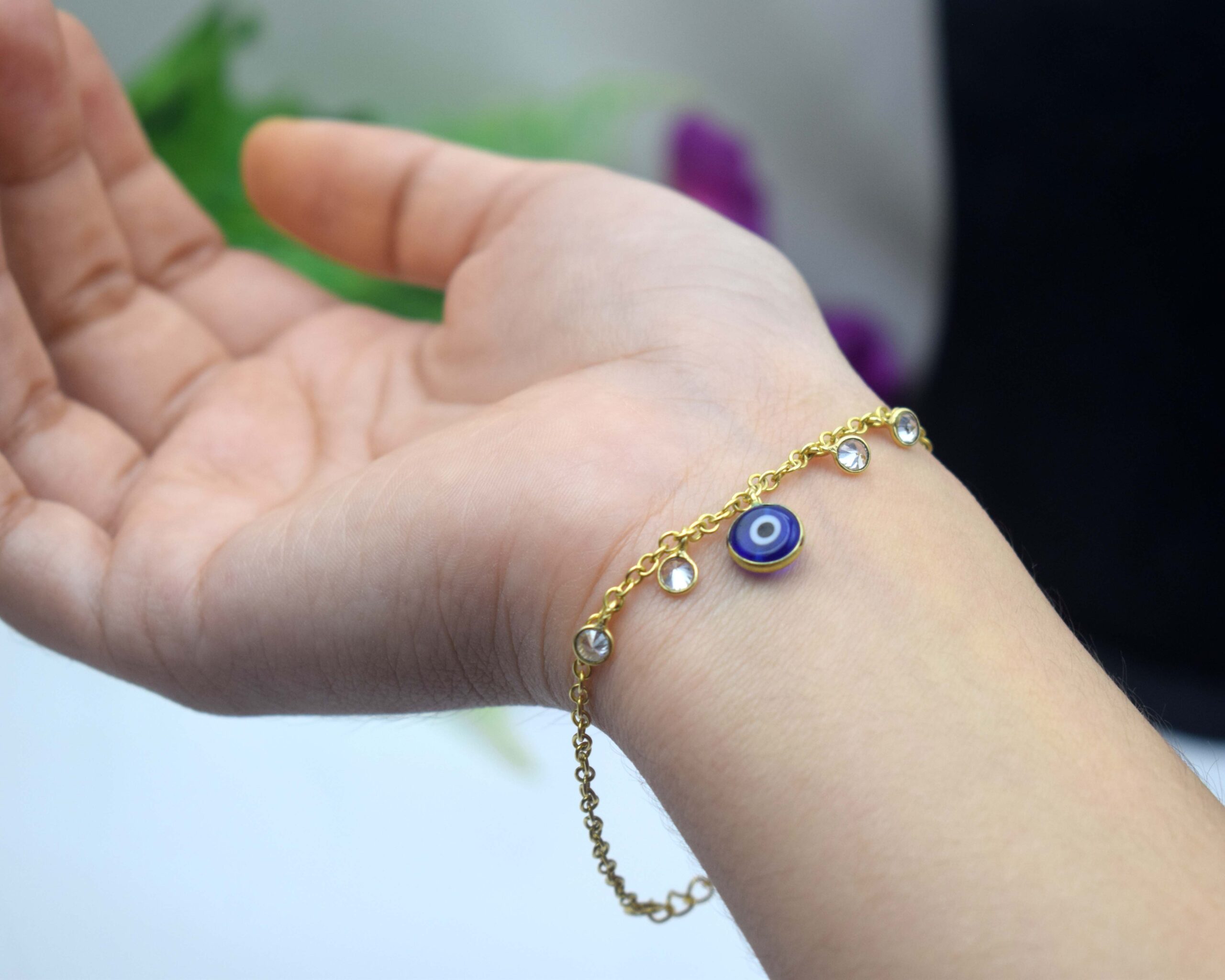18K Gold Plated Evil Eye Beach Charm Bracelet with CZ Stones for Women
