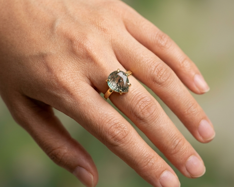 Green Rutile Gemstone Gold Plated Ring