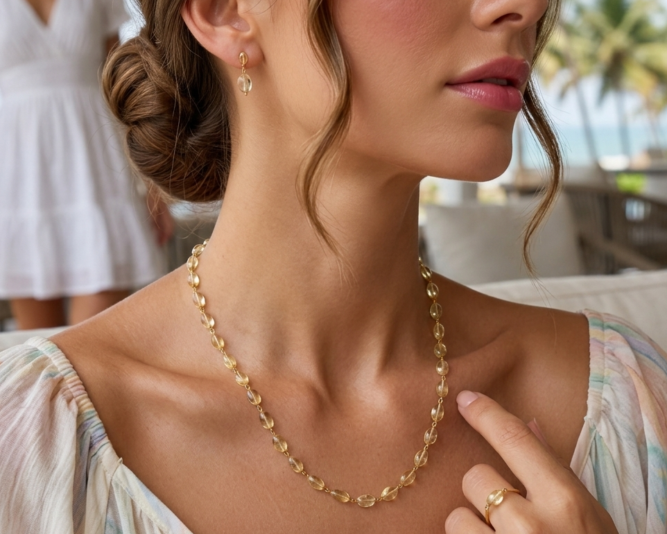 Natural Citrine Gold Plated Beaded Mala Necklace