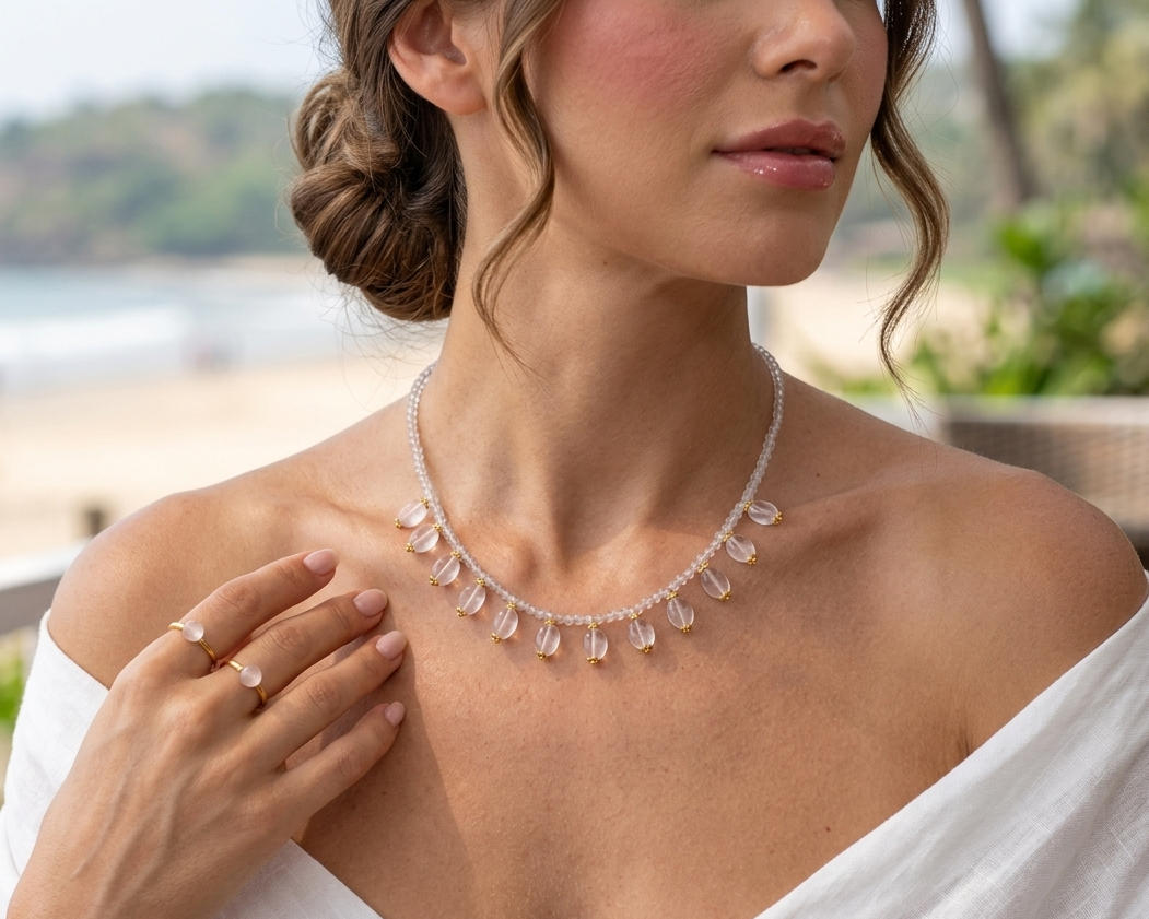 Natural Rose Quartz Fringe Beaded Necklace 18K Gold Plated Necklace For women