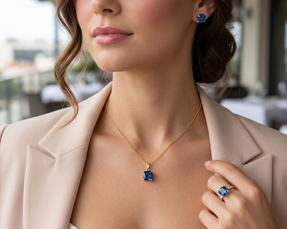 Natural Iolite Cushion Cut Solitaire Pendant Necklace in 18K Gold Plated 925 Sterling Silver for Women