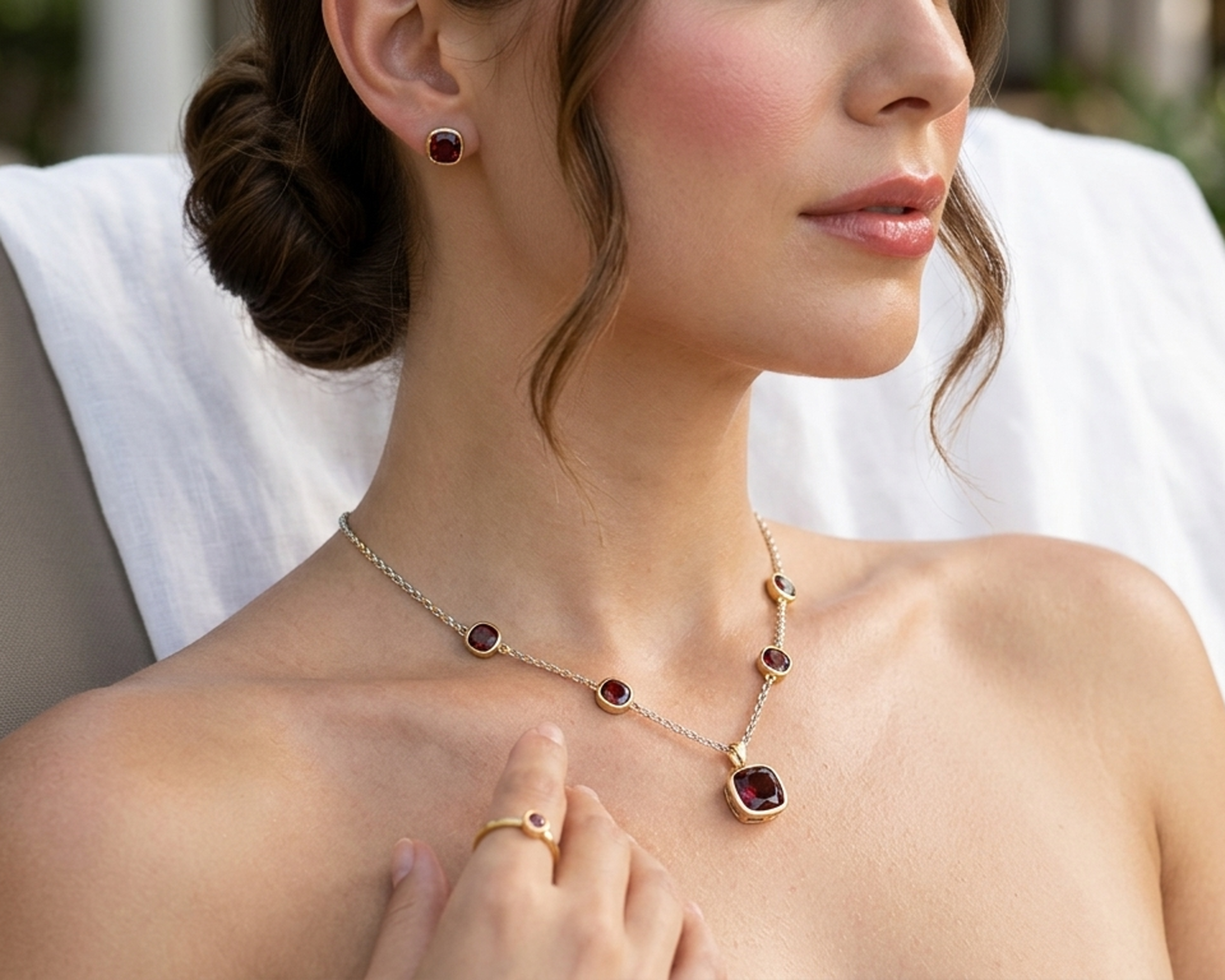 Natural Garnet 925 Sterling Silver with 18K Gold Plating Cushion Pendant Necklace